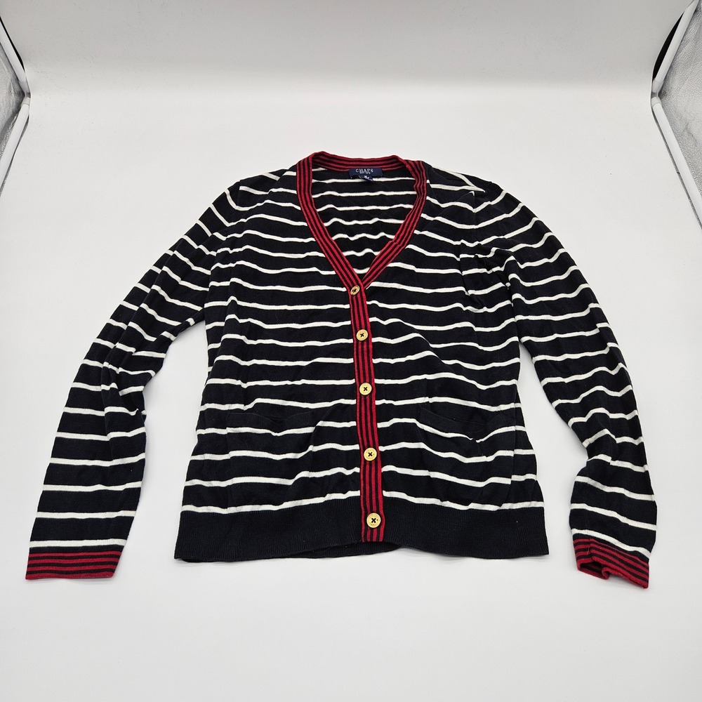 Chaps Striped Cardigan Sweater Red Trim Gold Buttons Navy White‎ Size M